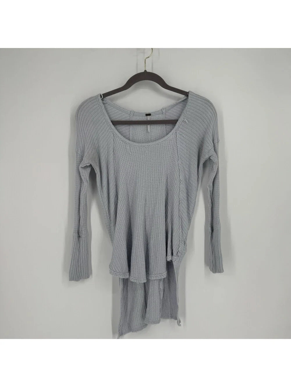 Free People top small S blue thermal knit waffle ribbed raw wedge slouchy artsy